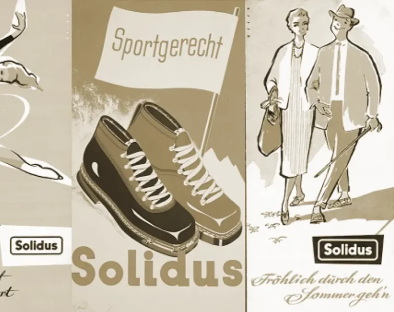 Collage aus historischen Solidus Werbemotiven: Bergschuhe „Sportgerecht“ und Sommerpaar
