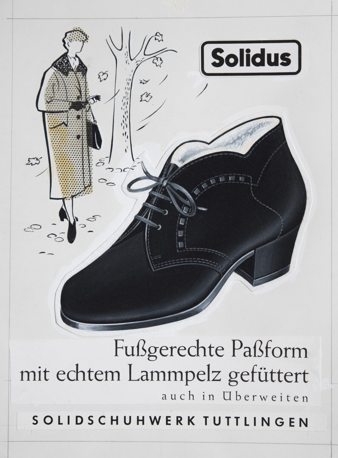 Historisches Solidus Werbemotiv: Damen-Schnürschuh mit Text „fußgerechte Paßform … Lamm­pelz gefüttert“